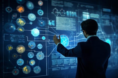 Profissional de TI analisando sistemas e dados em múltiplas telas, representando diagnóstico de processos e identificação de gargalos operacionais