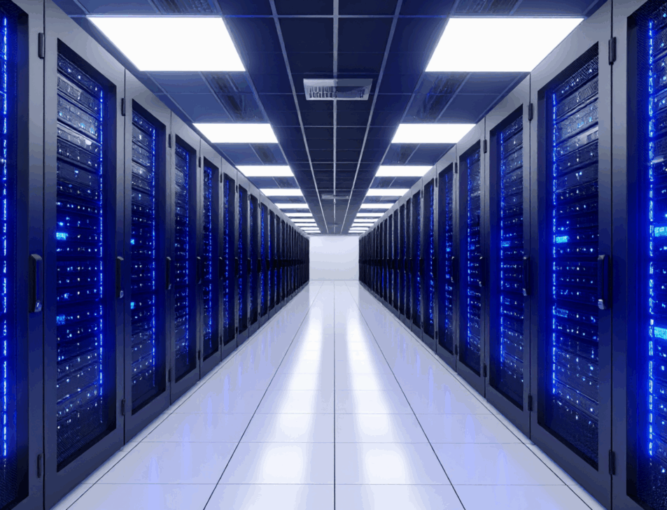 Data center corporativo com servidores em operação contínua